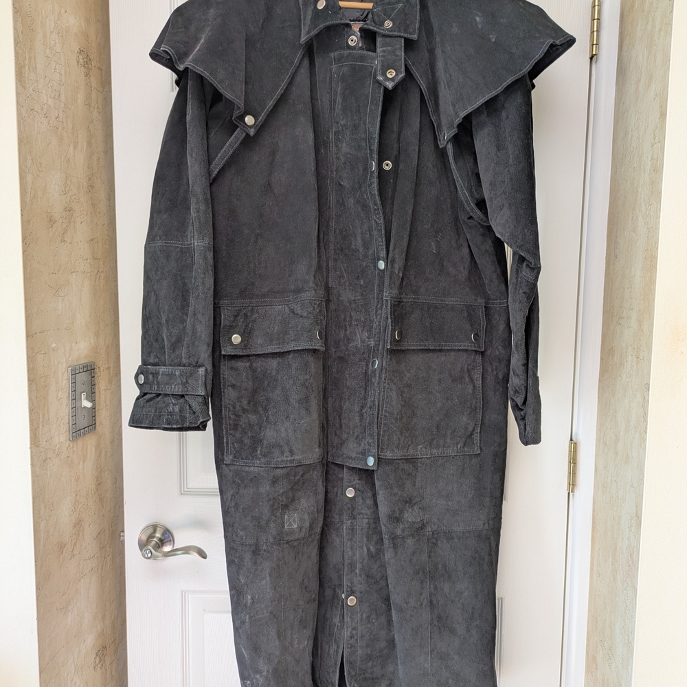 Wilson Black Suede Long Trench Coat with Cape Yoke